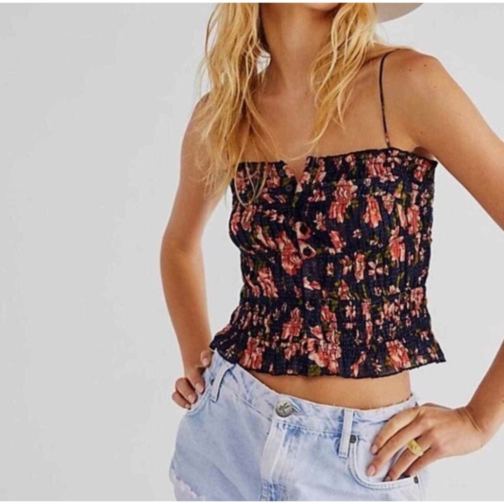Free People FP One Cami Women Small Black Floral Smocked Button Front Crop Top
